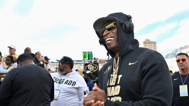 Boulder, Colorado, USA; Colorado Buffaloes head coach Deion Sanders during an interview prior to the game against the USC Trojans at Folsom Field